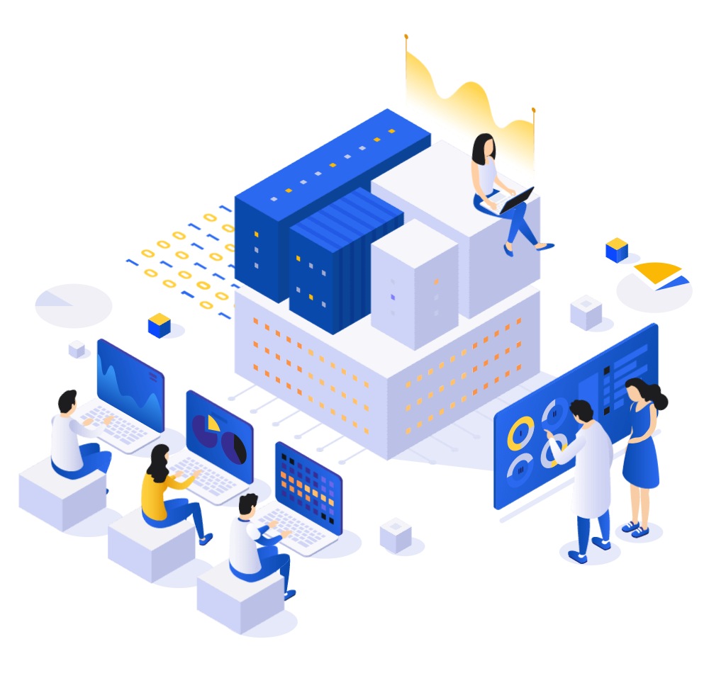 Isometric analytics illustration with people examining charts; no customer results are shown.